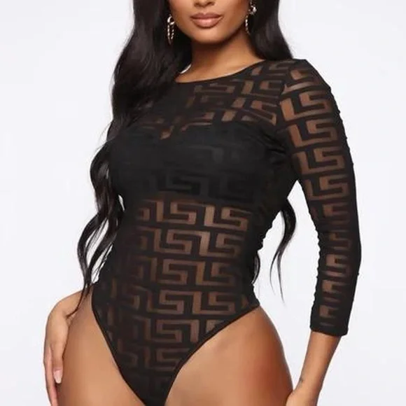 Fashion Nova Sheer Monogram Bodysuit - Picture 6 of 7